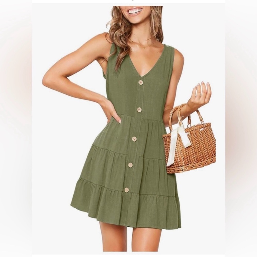 💚 MITILLY Army Green Sleeveless V Neck Button Down A-Line Swing Dress - Size M